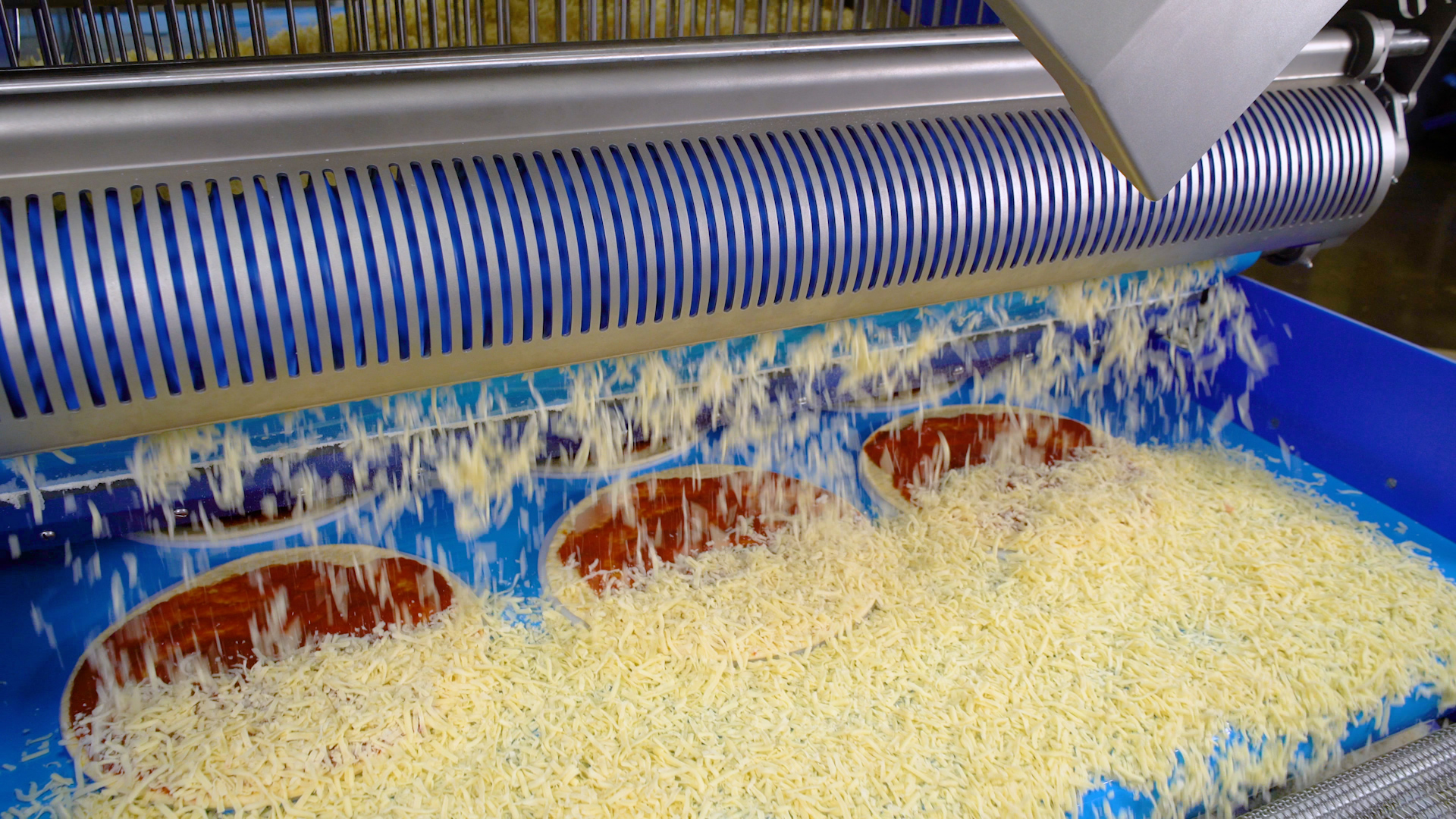 Grote Waterfall Applicator applying cheese on pizza production line.